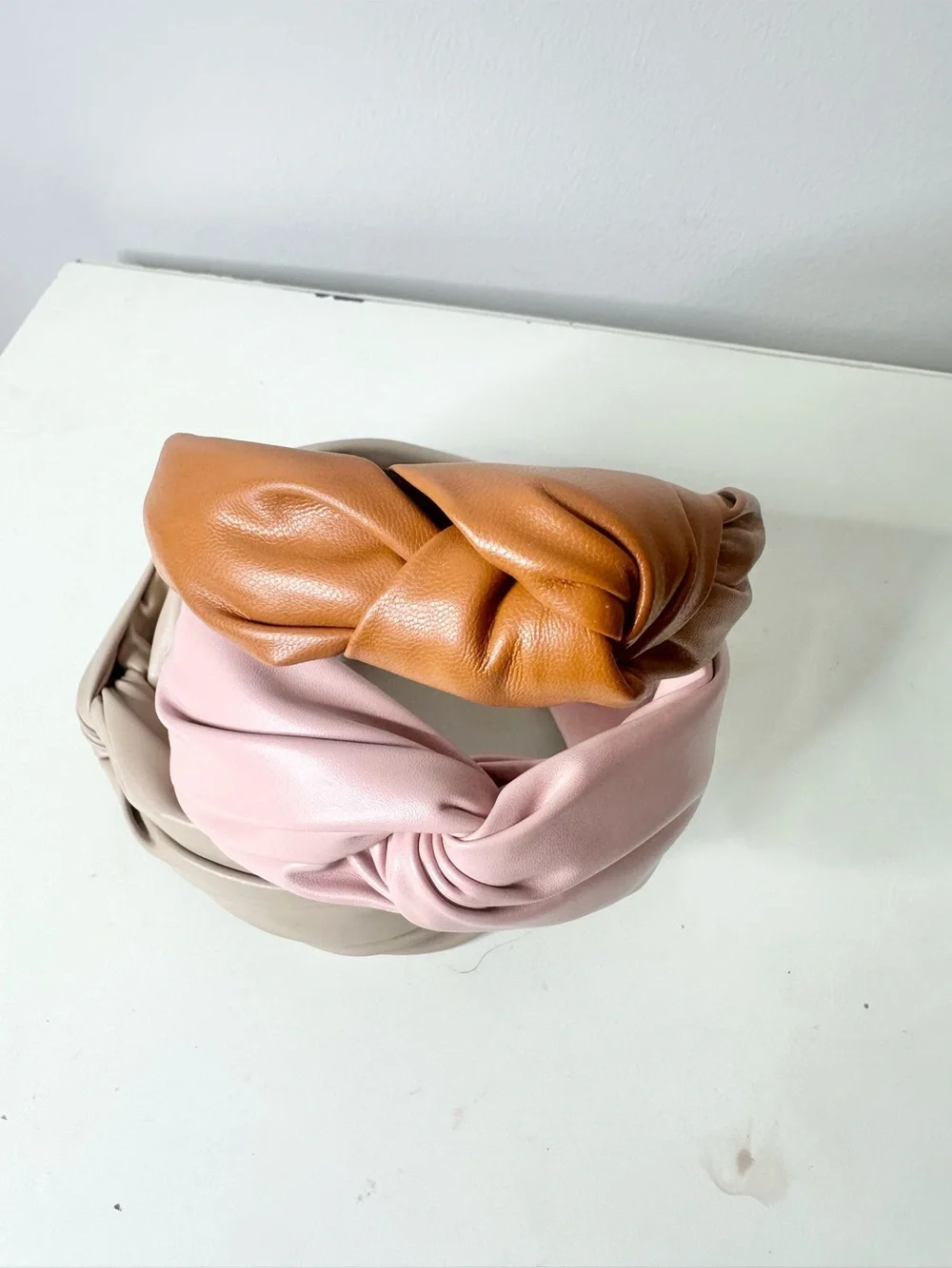 Pink brown beige Knotted faux leather Headbands- new set of 3